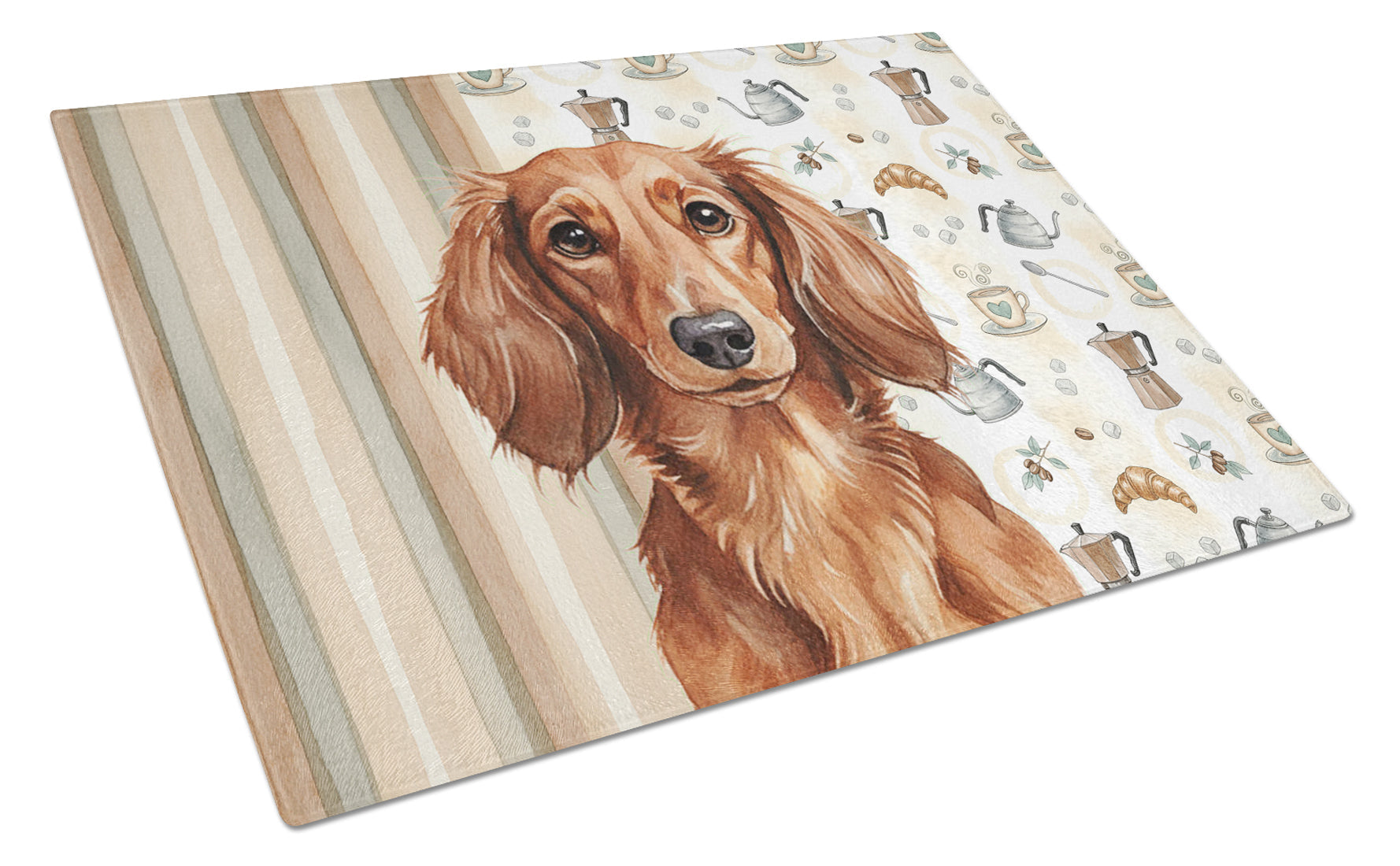 Longhaired Red Dachshund Coffee Bar Cutting Board Tempered Glass Kitchen Cutting Surface, Heat Resistant Chopping, Non-Slip Feet, Food Prep & Serving