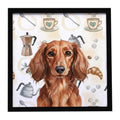 Longhaired Red Dachshund Coffee Bar Framed Metal Print Bathroom, Kitchen, Office, Home Decor Wall Art Ready to Hang, Square, 8X8