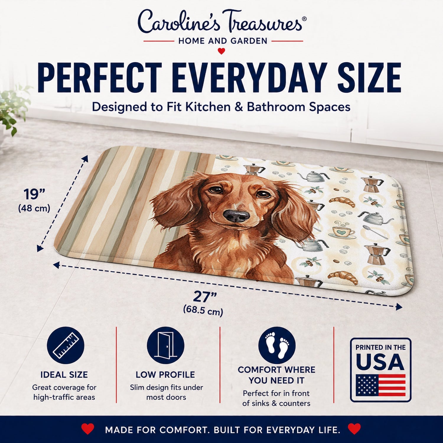 Longhaired Red Dachshund Coffee Bar Memory Foam Kitchen Mat Machine Washable Anti-Fatigue Cushion Comfort Bath or Kitchen Rug