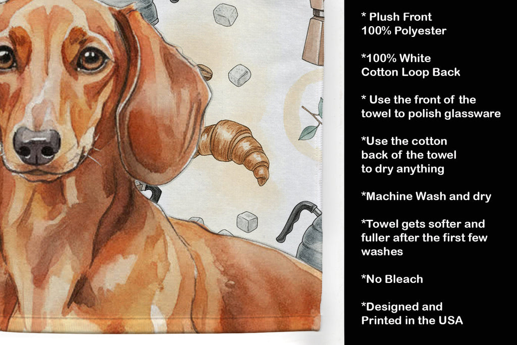 Red Brown Dachshund Coffee Bar Kitchen Towel Velour Plush Front and Cotton Loop Back Machine Washable