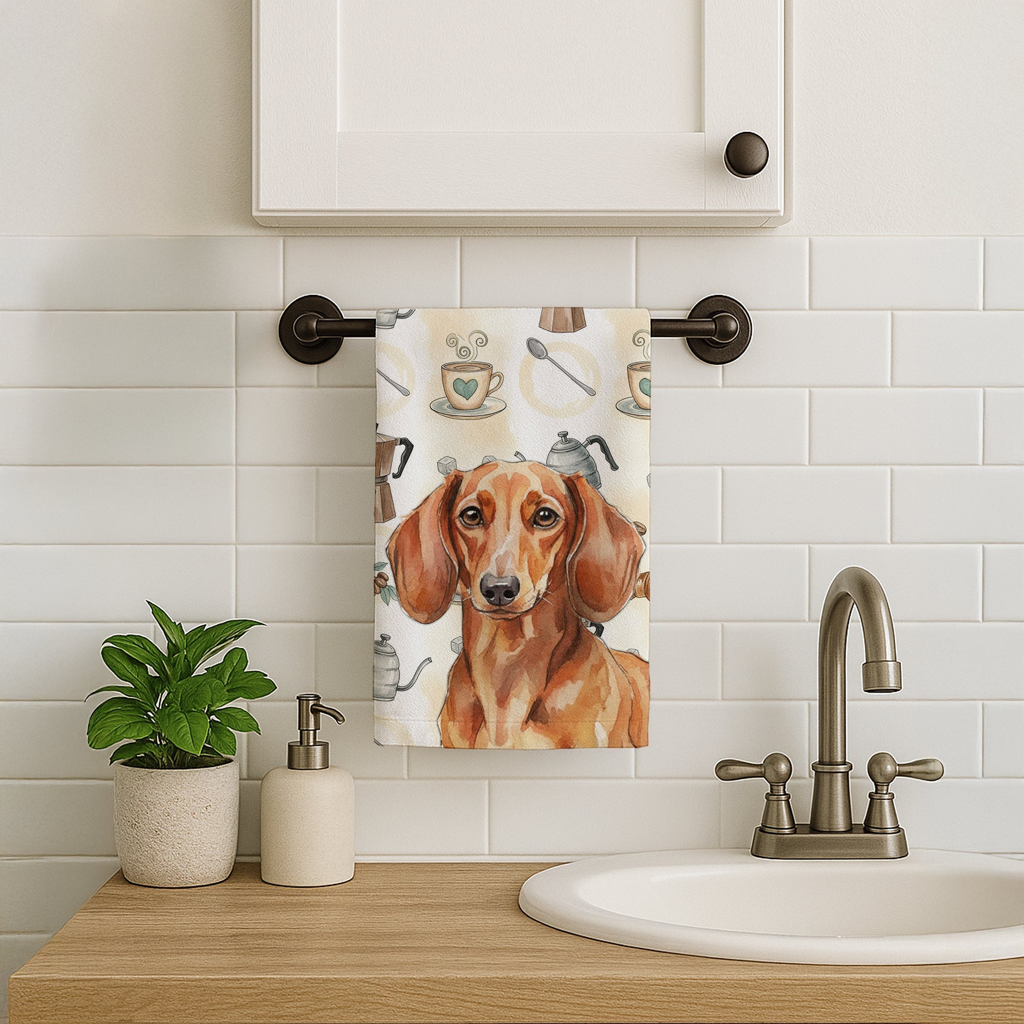 Red Brown Dachshund Coffee Bar Kitchen Towel Velour Plush Front and Cotton Loop Back Machine Washable