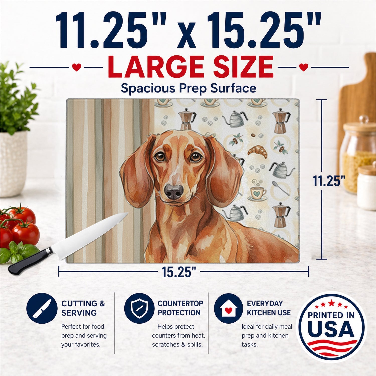 Red Brown Dachshund Coffee Bar Cutting Board Tempered Glass Kitchen Cutting Surface, Heat Resistant Chopping, Non-Slip Feet, Food Prep & Serving