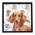 Red Brown Dachshund Coffee Bar Framed Metal Print Bathroom, Kitchen, Office, Home Decor Wall Art Ready to Hang, Square, 8X8