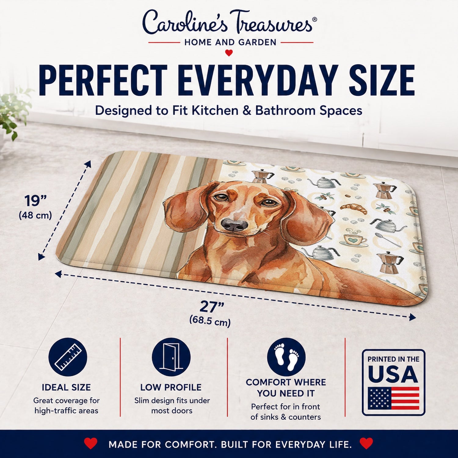 Red Brown Dachshund Coffee Bar Memory Foam Kitchen Mat Machine Washable Anti-Fatigue Cushion Comfort Bath or Kitchen Rug