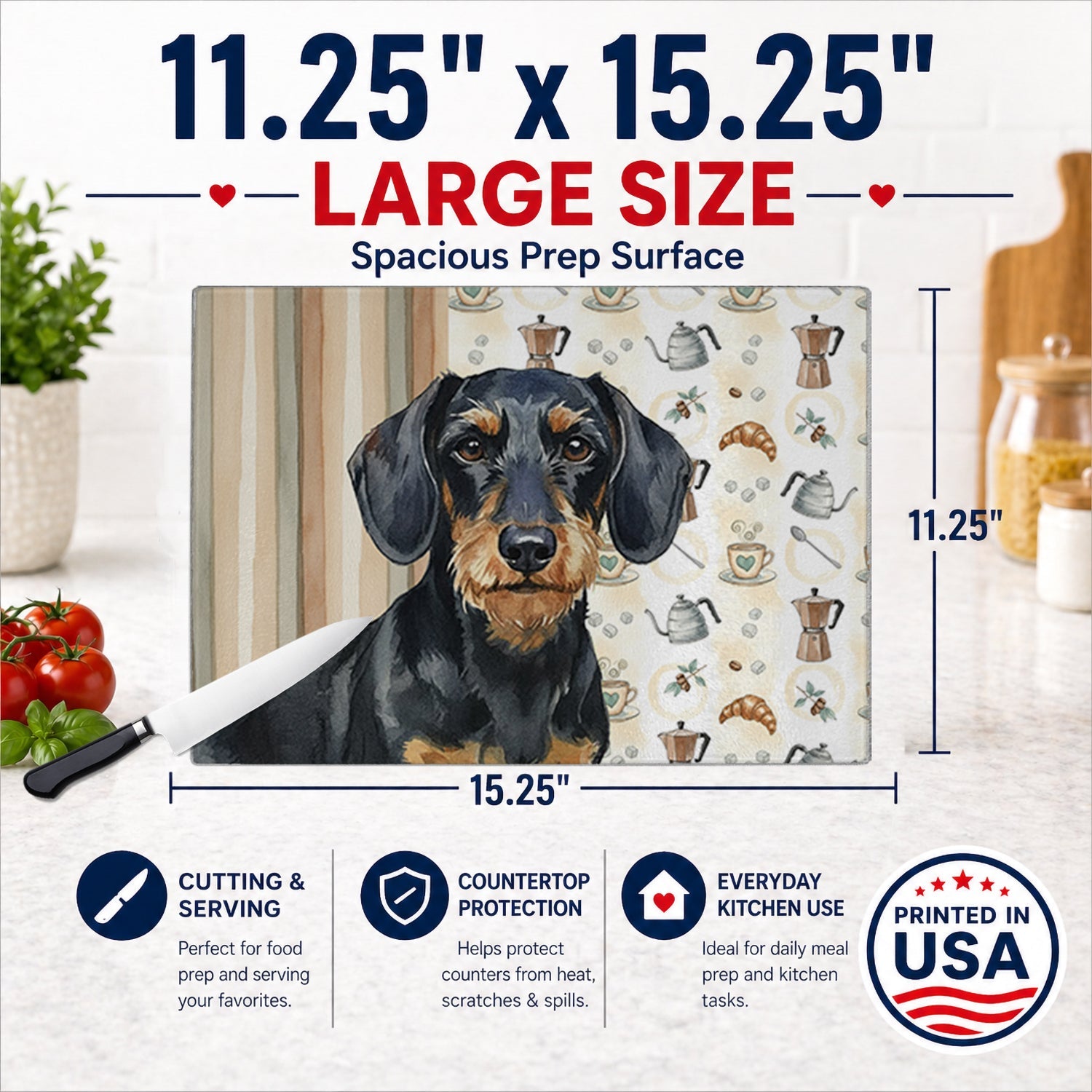 Wirehaired Black and Tan Dachshund Coffee Bar Cutting Board Tempered Glass Kitchen Cutting Surface, Heat Resistant Chopping, Non-Slip Feet, Food Prep & Serving