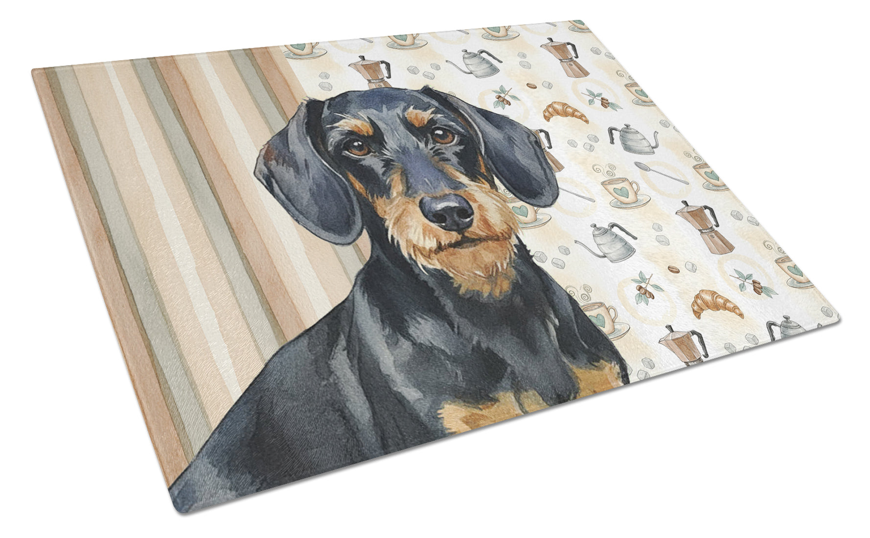 Wirehaired Black and Tan Dachshund Coffee Bar Cutting Board Tempered Glass Kitchen Cutting Surface, Heat Resistant Chopping, Non-Slip Feet, Food Prep & Serving