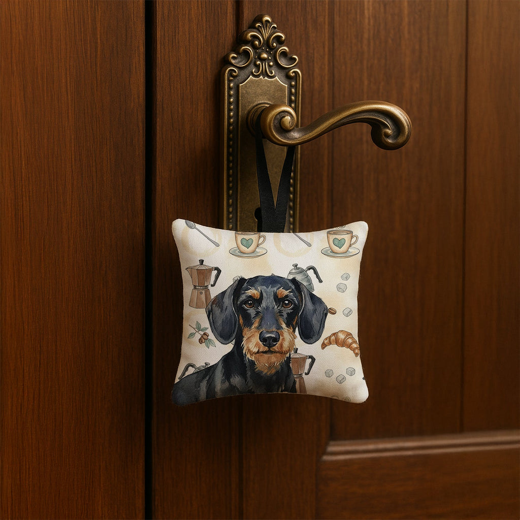 Wirehaired Black and Tan Dachshund Coffee Bar Hanging Square Fabric Ornament 3.5 � 3.5 Decorative Door-Knob & Tree Hanger, Soft Fabric