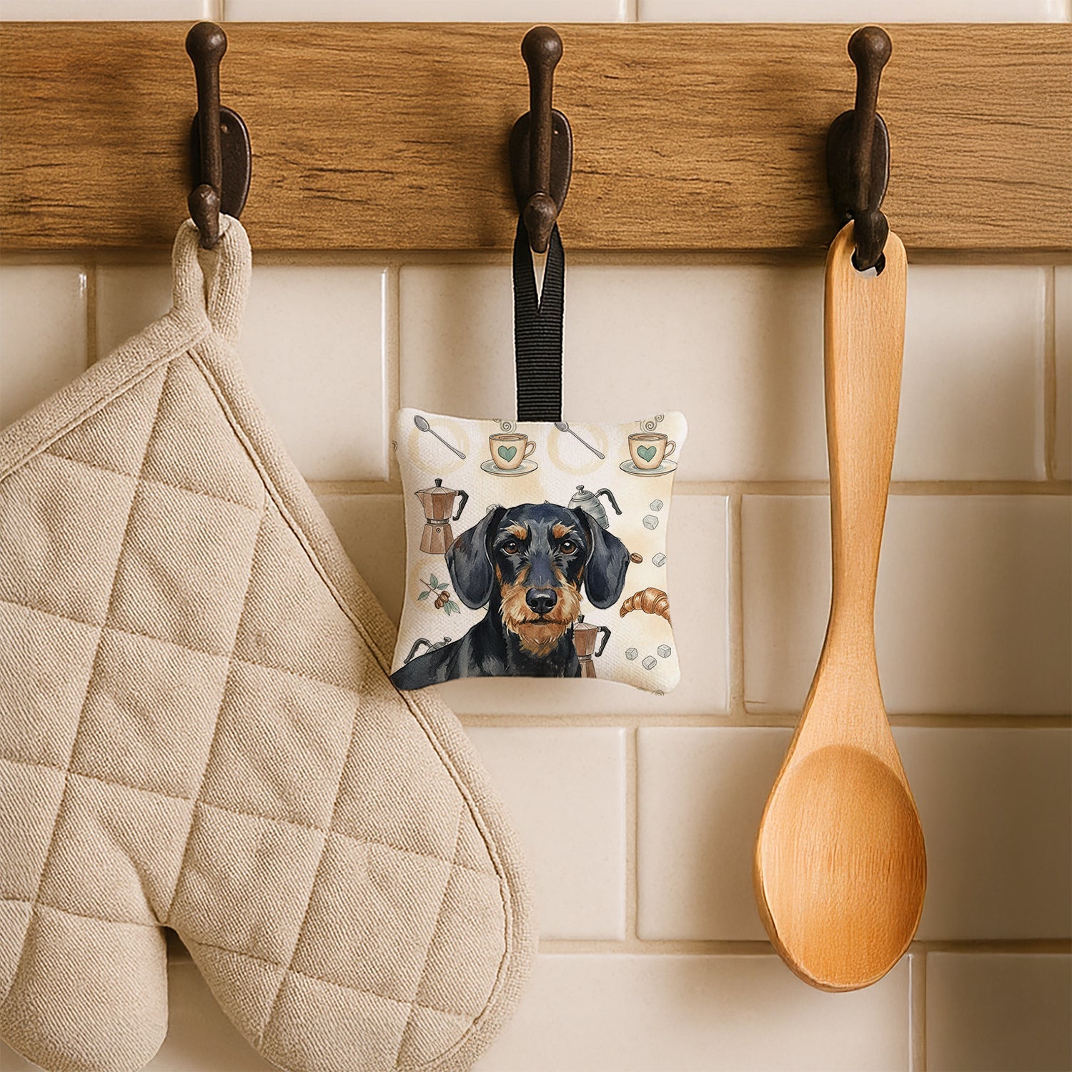 Wirehaired Black and Tan Dachshund Coffee Bar Hanging Square Fabric Ornament 3.5 � 3.5 Decorative Door-Knob & Tree Hanger, Soft Fabric