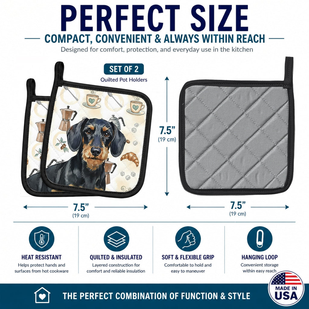 Wirehaired Black and Tan Dachshund Coffee Bar Pot Holder Set of 2 Heat Resistant Quilted Hot Pads 7.5 x 7.5 Inch, Insulated Kitchen Trivets for Cooking & Baking