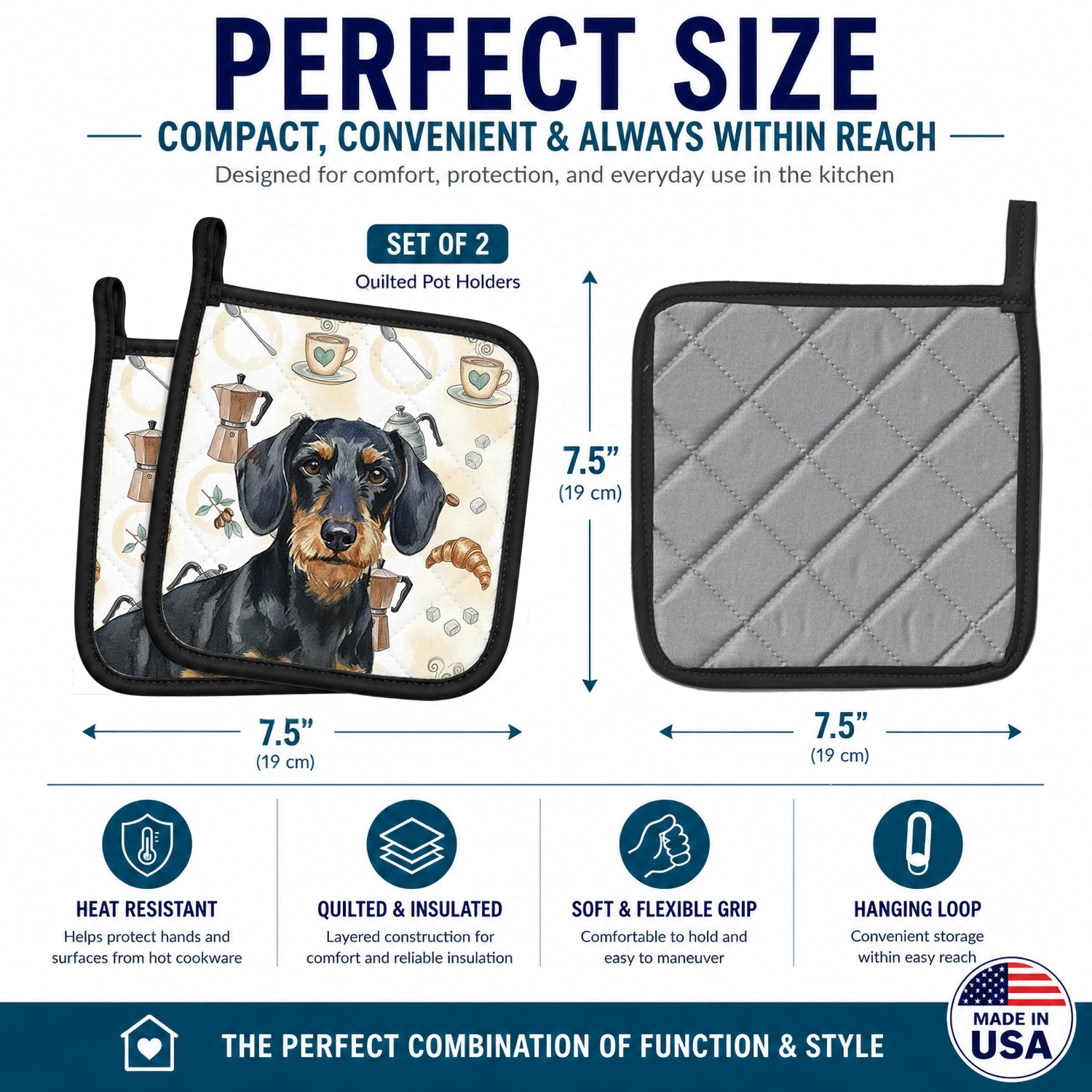 Wirehaired Black and Tan Dachshund Coffee Bar Pot Holder Set of 2 Heat Resistant Quilted Hot Pads 7.5 x 7.5 Inch, Insulated Kitchen Trivets for Cooking & Baking