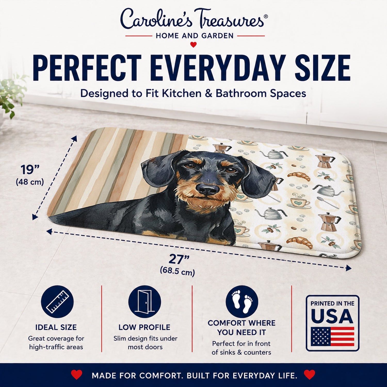 Wirehaired Black and Tan Dachshund Coffee Bar Memory Foam Kitchen Mat Machine Washable Anti-Fatigue Cushion Comfort Bath or Kitchen Rug
