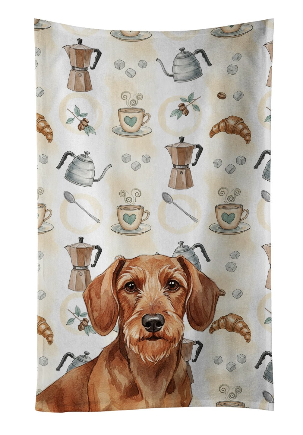Wirehaired Red Dachshund Coffee Bar Kitchen Towel Velour Plush Front and Cotton Loop Back Machine Washable