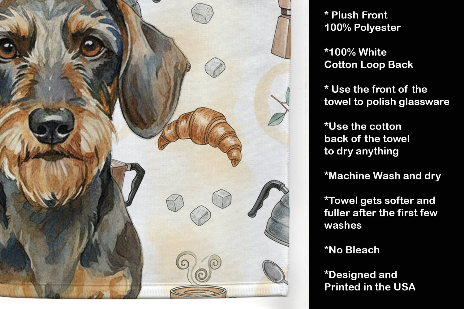 Wirehaired Wild Boar Dachshund Coffee Bar Kitchen Towel Velour Plush Front and Cotton Loop Back Machine Washable