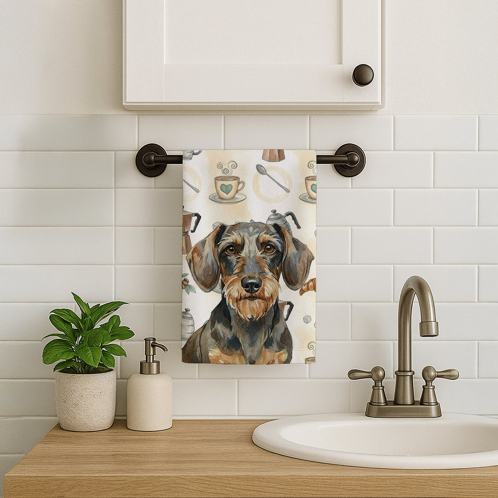Wirehaired Wild Boar Dachshund Coffee Bar Kitchen Towel Velour Plush Front and Cotton Loop Back Machine Washable