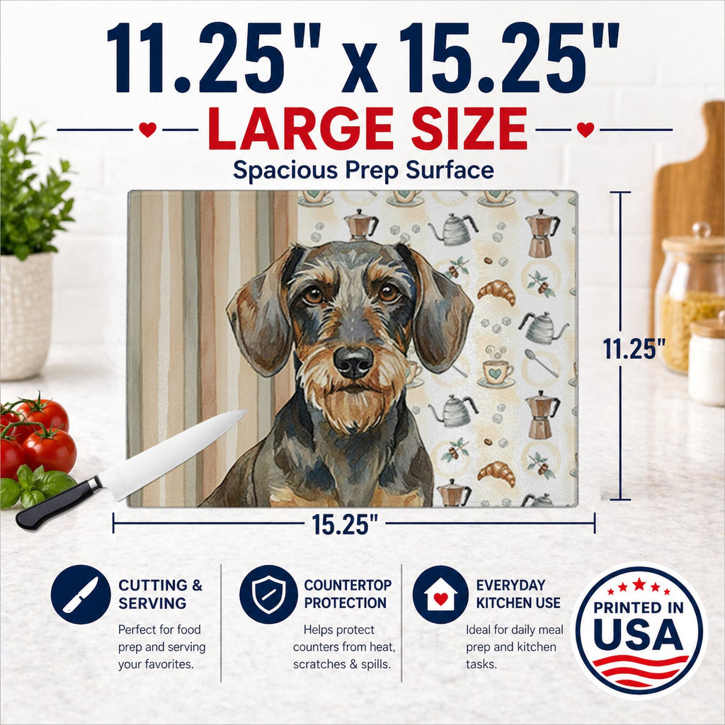 Wirehaired Wild Boar Dachshund Coffee Bar Cutting Board Tempered Glass Kitchen Cutting Surface, Heat Resistant Chopping, Non-Slip Feet, Food Prep & Serving