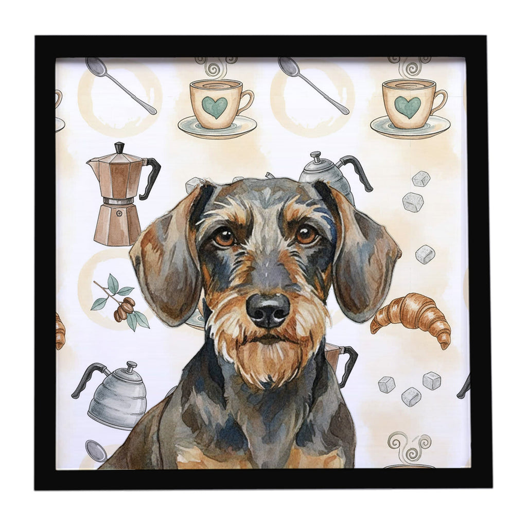 Wirehaired Wild Boar Dachshund Coffee Bar Framed Metal Print Bathroom, Kitchen, Office, Home Decor Wall Art Ready to Hang, Square, 8X8