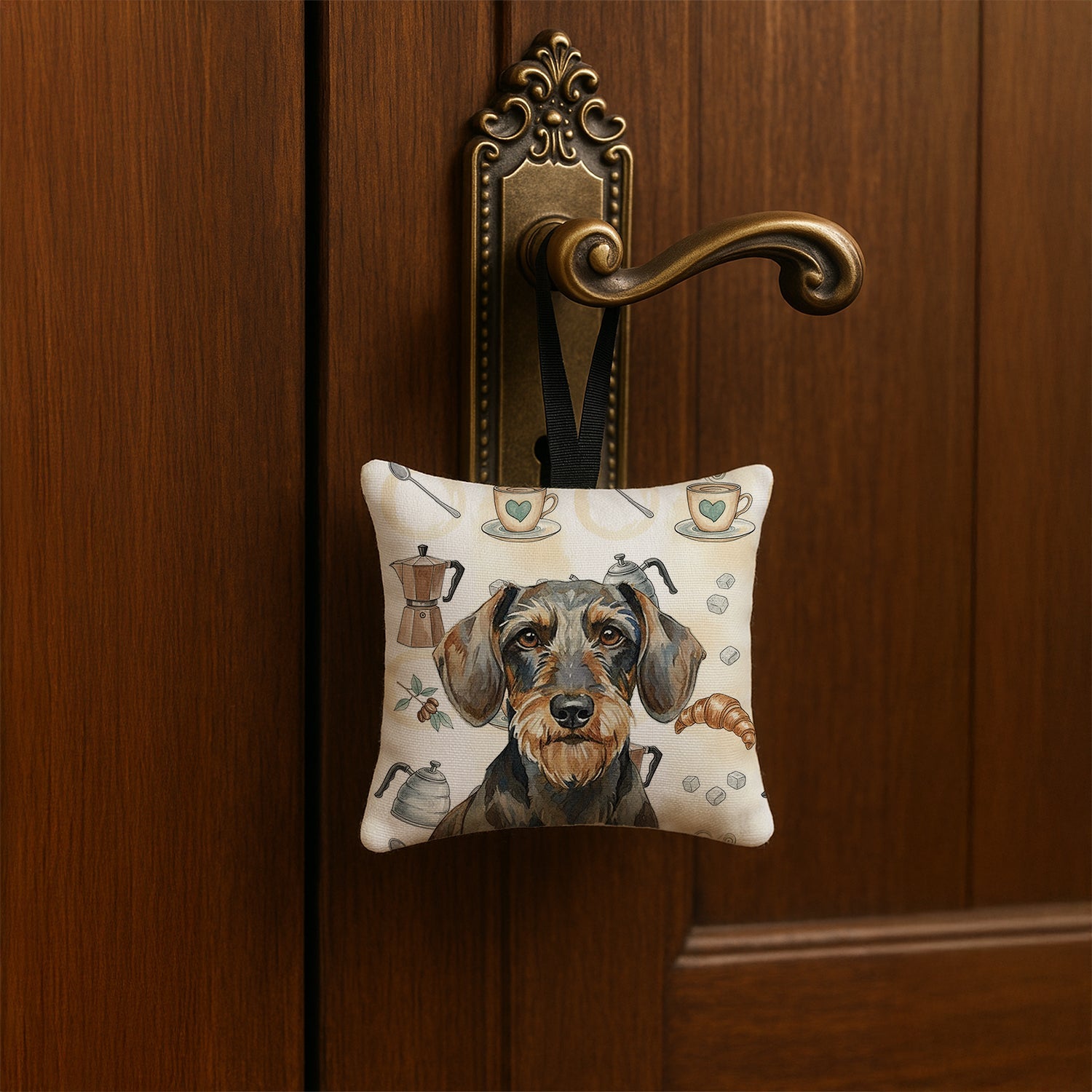Wirehaired Wild Boar Dachshund Coffee Bar Hanging Square Fabric Ornament 3.5 � 3.5 Decorative Door-Knob & Tree Hanger, Soft Fabric