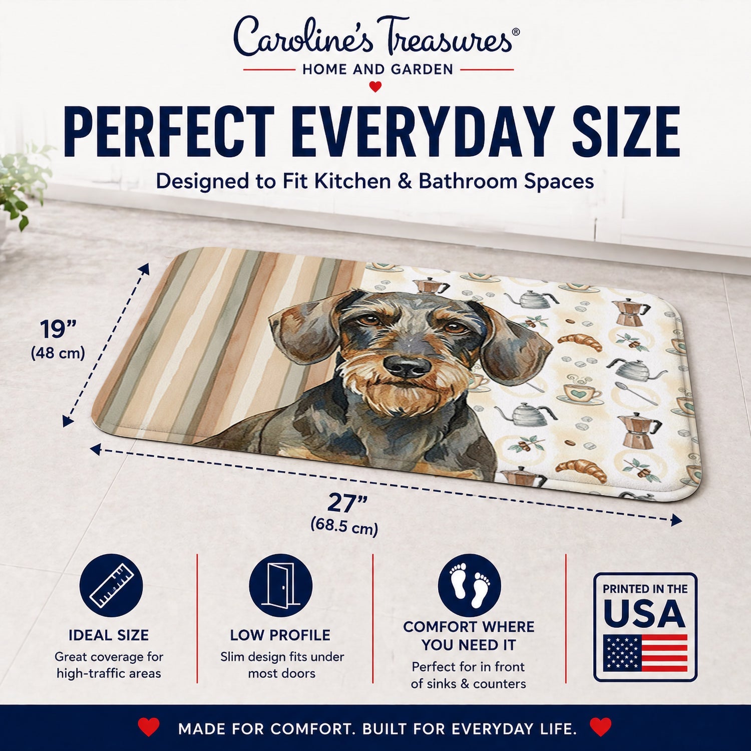 Wirehaired Wild Boar Dachshund Coffee Bar Memory Foam Kitchen Mat Machine Washable Anti-Fatigue Cushion Comfort Bath or Kitchen Rug