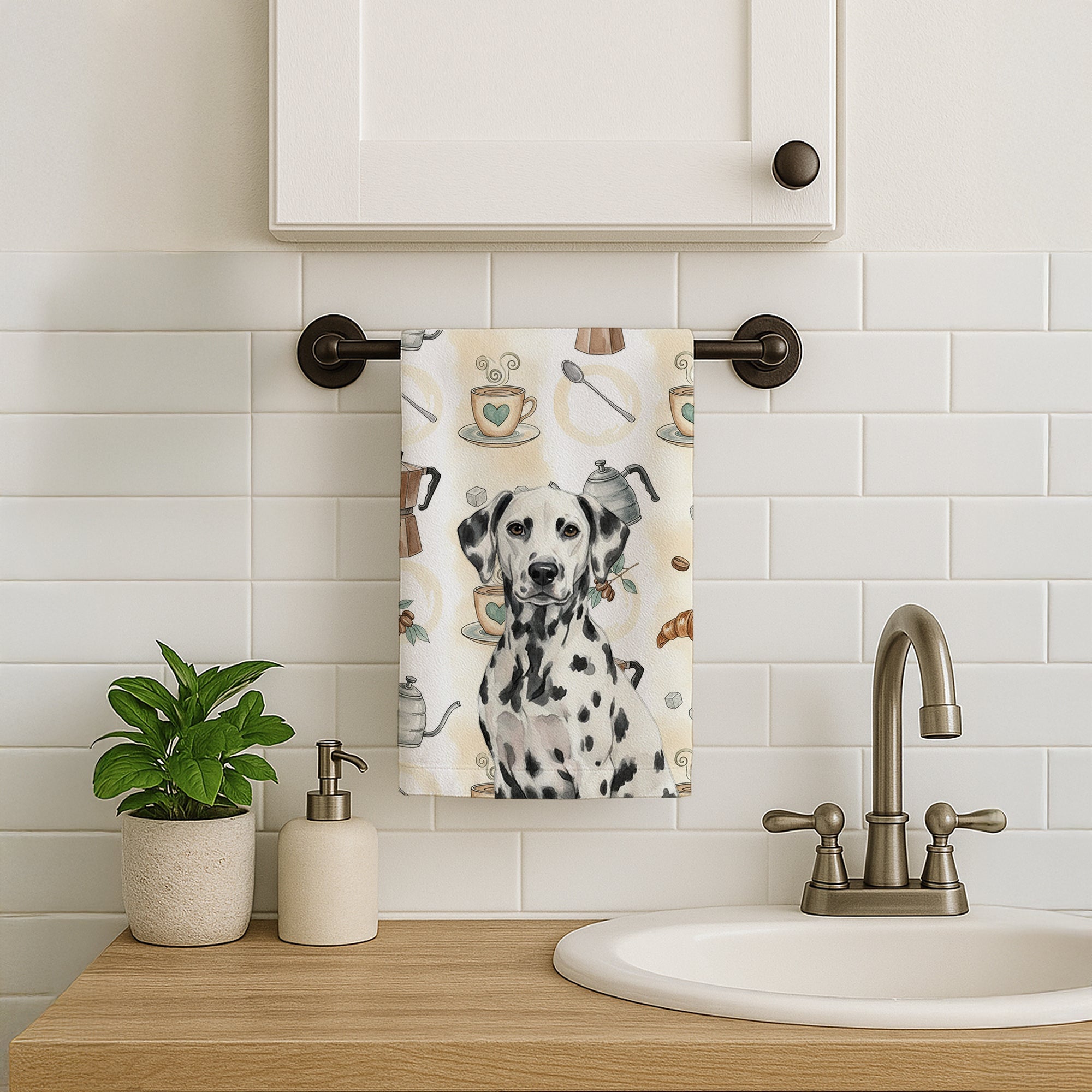 Dalmatian Coffee Bar Kitchen Towel Velour Plush Front and Cotton Loop Back Machine Washable