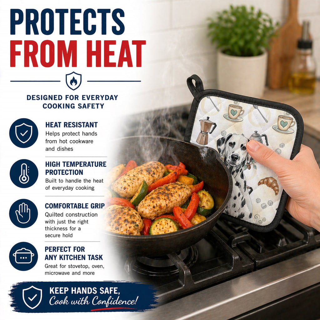 Dalmatian Coffee Bar Pot Holder Set of 2 Heat Resistant Quilted Hot Pads 7.5 x 7.5 Inch, Insulated Kitchen Trivets for Cooking & Baking