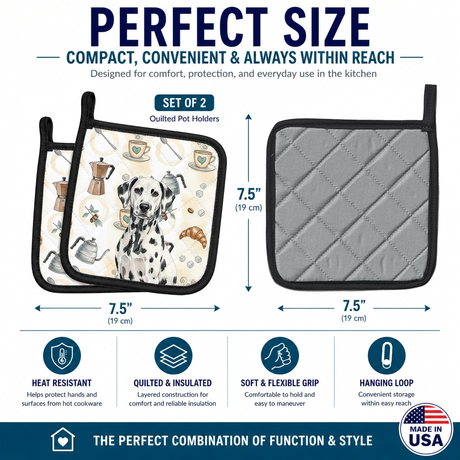 Dalmatian Coffee Bar Pot Holder Set of 2 Heat Resistant Quilted Hot Pads 7.5 x 7.5 Inch, Insulated Kitchen Trivets for Cooking & Baking