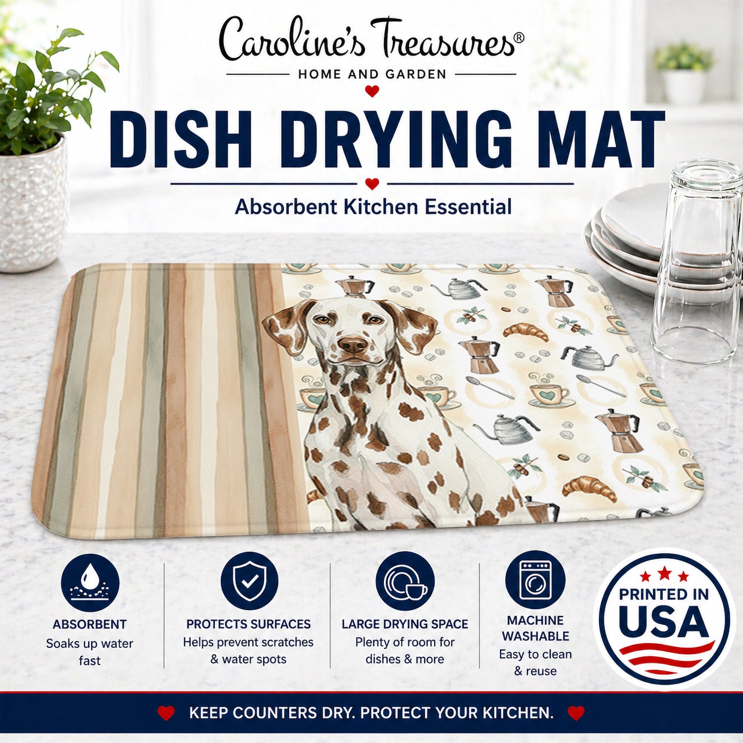 Liver Dalmatian Coffee Bar Dish Drying Mat Absorbent Dish Drying Mat Pad for Kitchen Counter Dish Drainer Mat for Countertop, 14 x 21", Multicolor