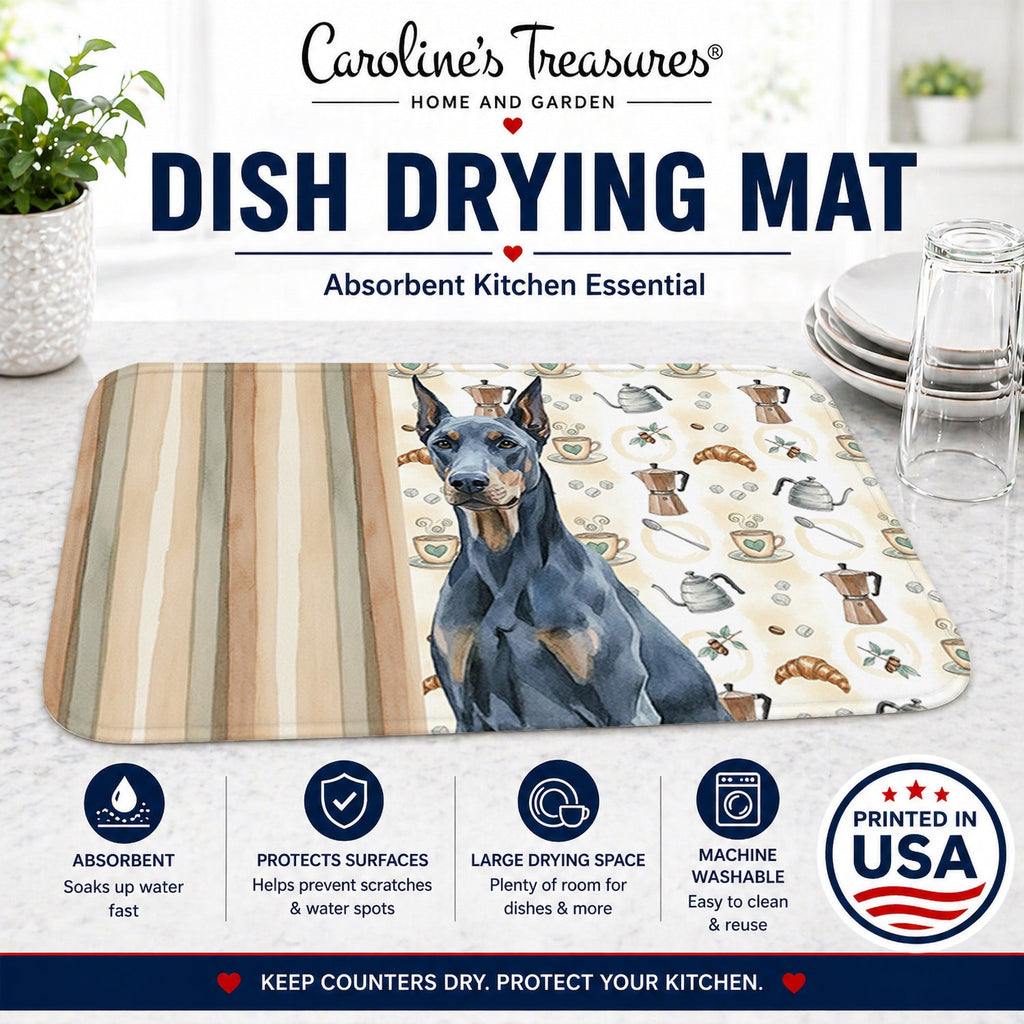 Blue Doberman Pinscher Coffee Bar Dish Drying Mat Absorbent Dish Drying Mat Pad for Kitchen Counter Dish Drainer Mat for Countertop, 14 x 21", Multicolor