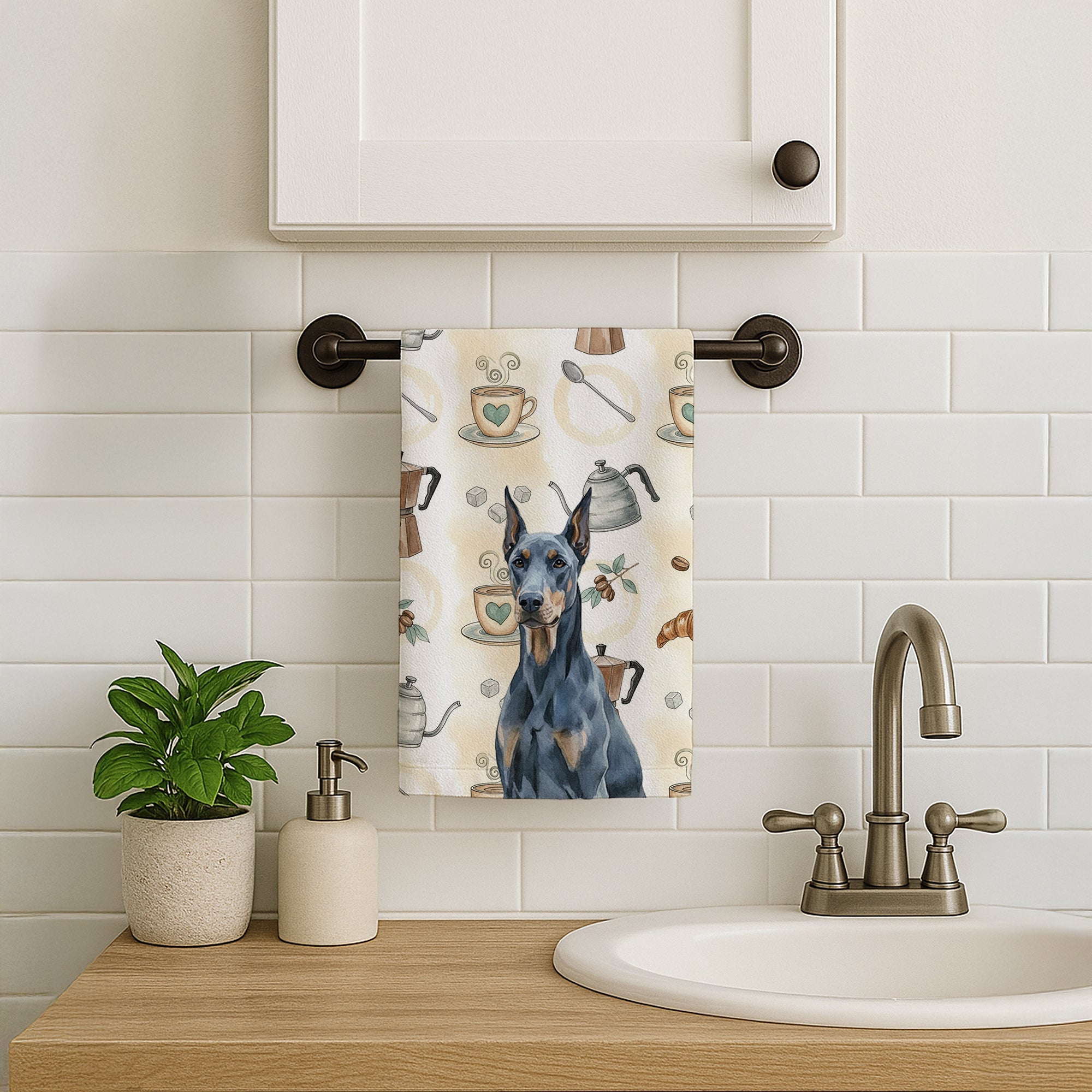 Blue Doberman Pinscher Coffee Bar Kitchen Towel Velour Plush Front and Cotton Loop Back Machine Washable