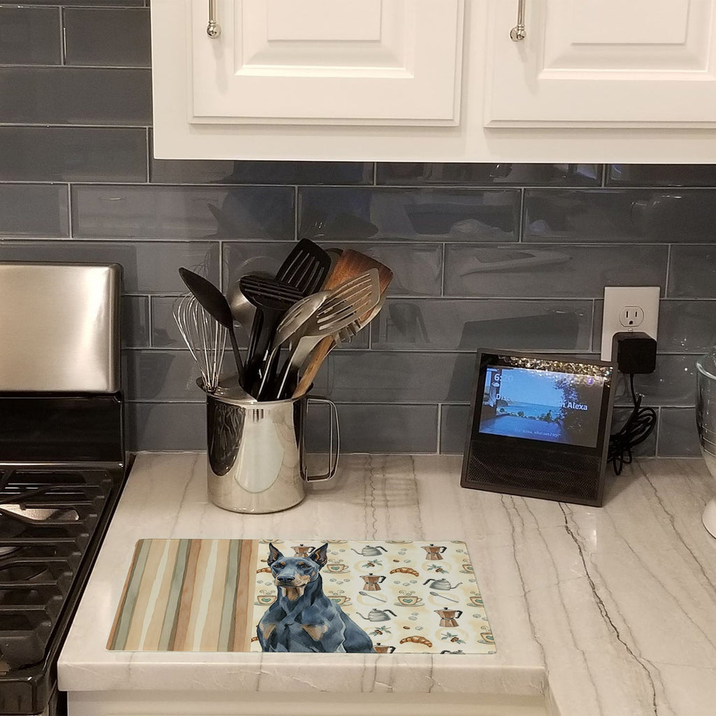 Blue Doberman Pinscher Coffee Bar Cutting Board Tempered Glass Kitchen Cutting Surface, Heat Resistant Chopping, Non-Slip Feet, Food Prep & Serving