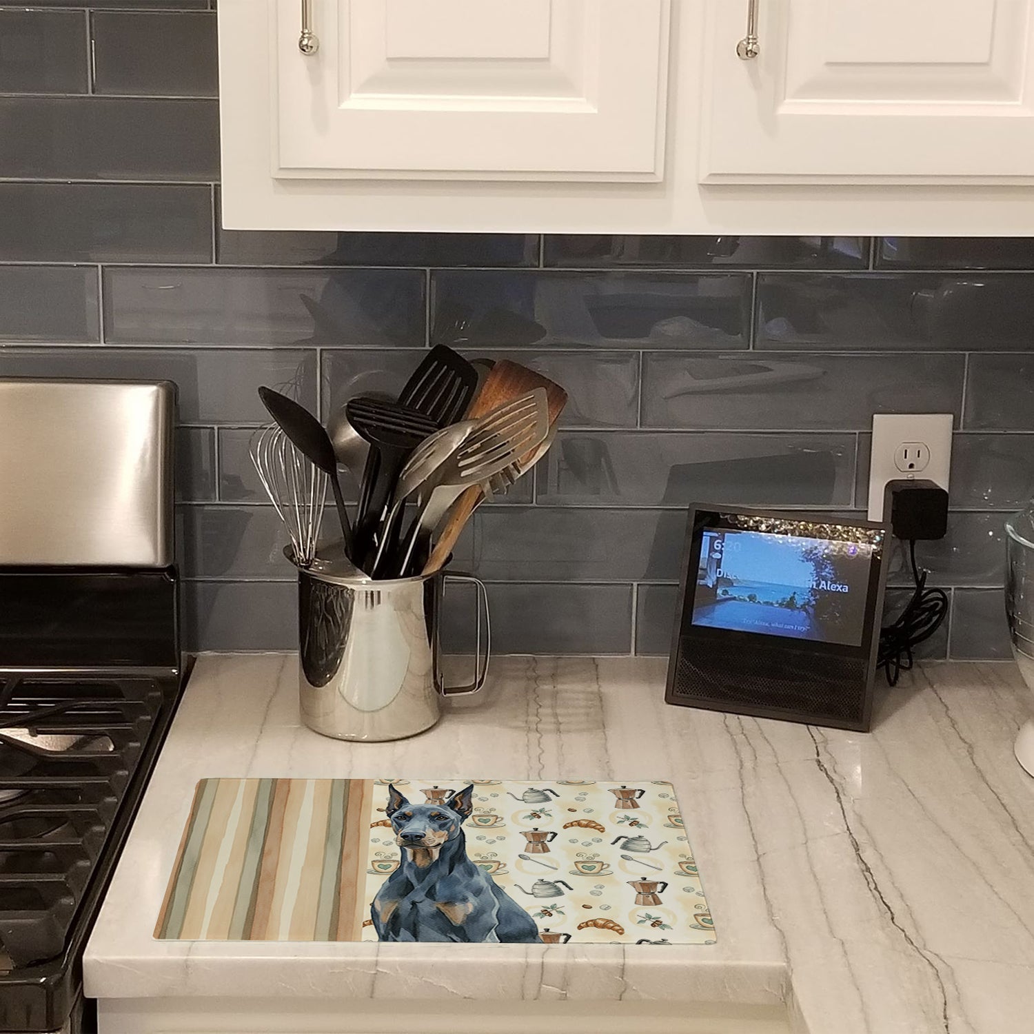 Blue Doberman Pinscher Coffee Bar Cutting Board Tempered Glass Kitchen Cutting Surface, Heat Resistant Chopping, Non-Slip Feet, Food Prep & Serving