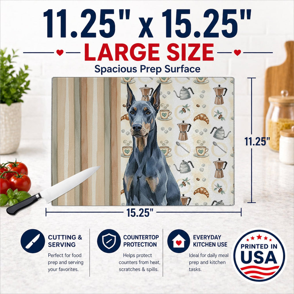 Blue Doberman Pinscher Coffee Bar Cutting Board Tempered Glass Kitchen Cutting Surface, Heat Resistant Chopping, Non-Slip Feet, Food Prep & Serving