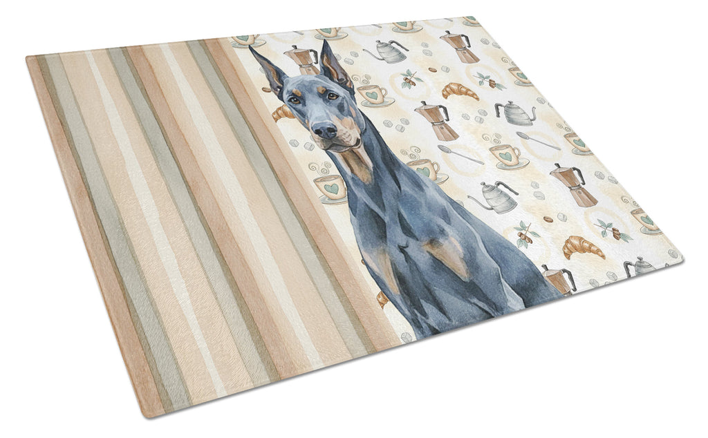 Blue Doberman Pinscher Coffee Bar Cutting Board Tempered Glass Kitchen Cutting Surface, Heat Resistant Chopping, Non-Slip Feet, Food Prep & Serving