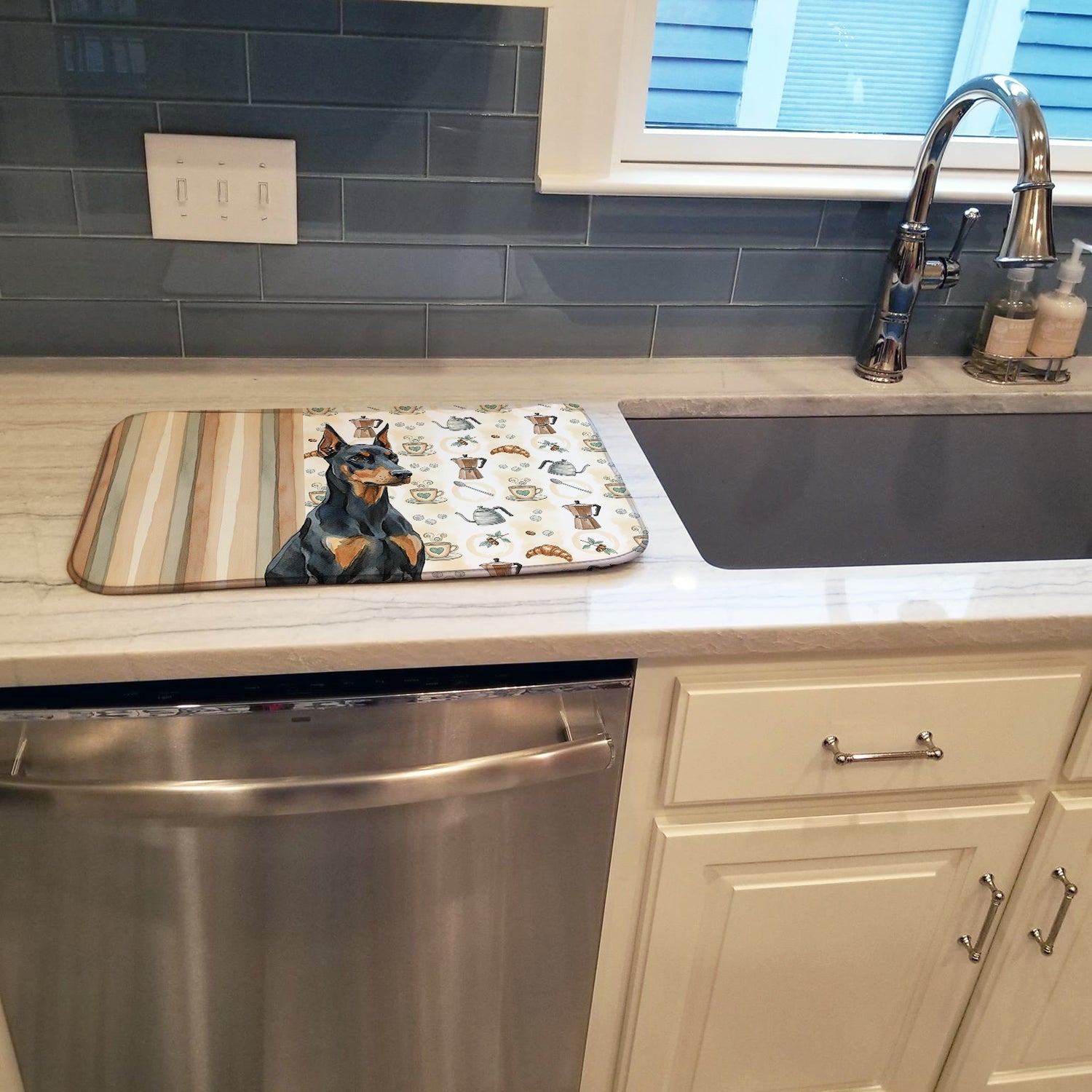 Doberman Pinscher Coffee Bar Dish Drying Mat Absorbent Dish Drying Mat Pad for Kitchen Counter Dish Drainer Mat for Countertop, 14 x 21", Multicolor