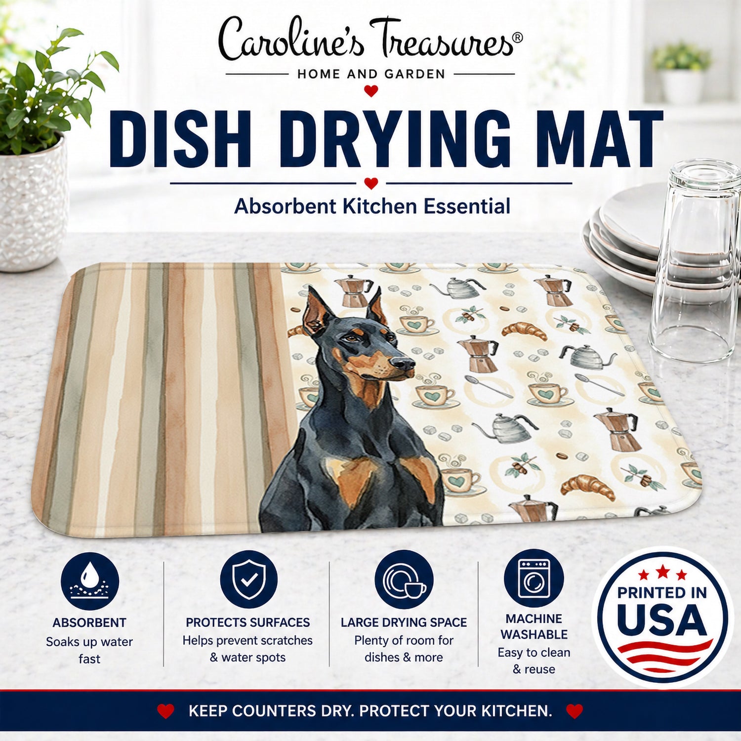 Doberman Pinscher Coffee Bar Dish Drying Mat Absorbent Dish Drying Mat Pad for Kitchen Counter Dish Drainer Mat for Countertop, 14 x 21", Multicolor