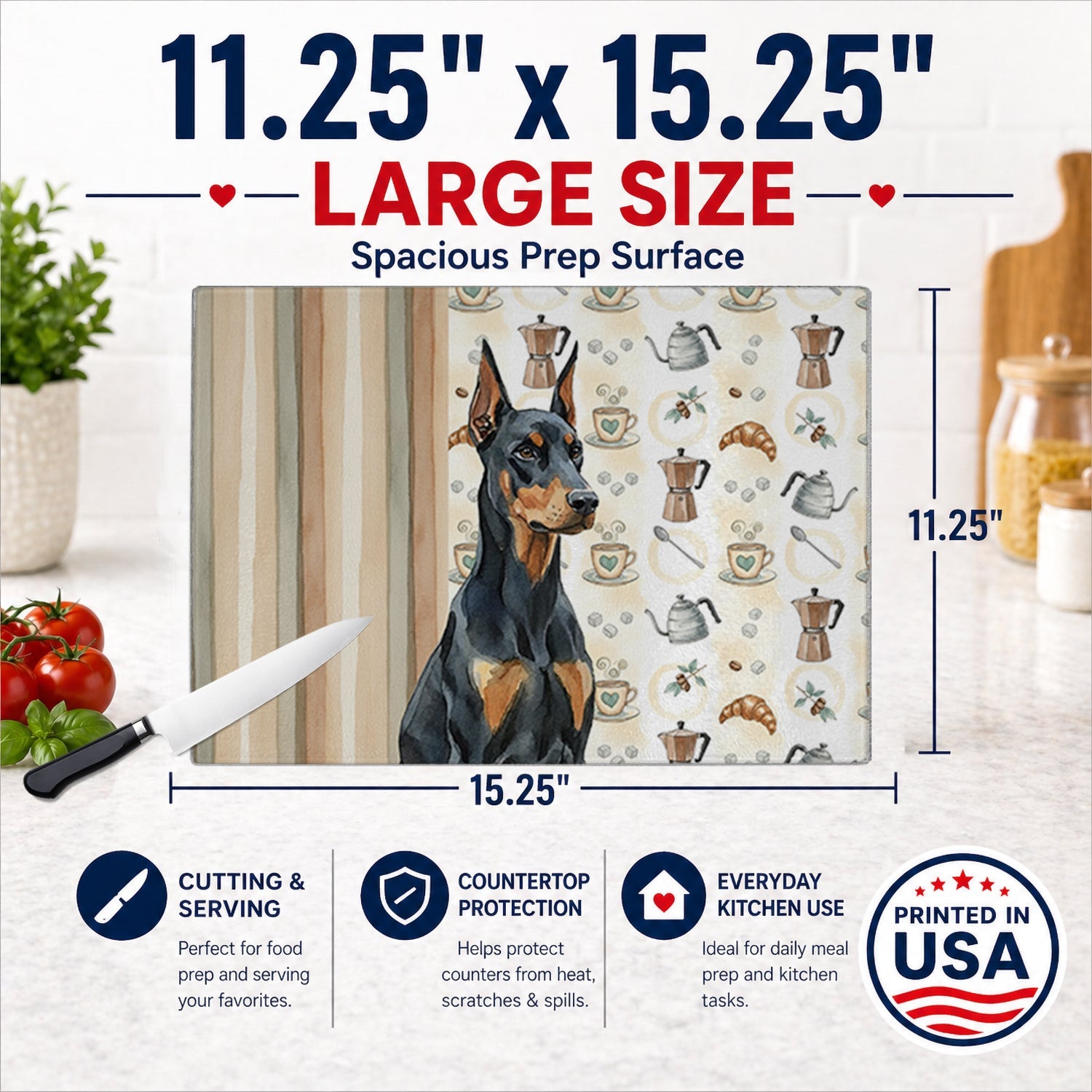 Doberman Pinscher Coffee Bar Cutting Board Tempered Glass Kitchen Cutting Surface, Heat Resistant Chopping, Non-Slip Feet, Food Prep & Serving
