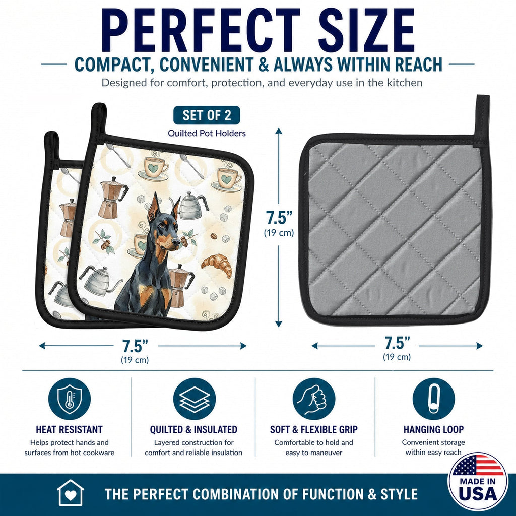 Doberman Pinscher Coffee Bar Pot Holder Set of 2 Heat Resistant Quilted Hot Pads 7.5 x 7.5 Inch, Insulated Kitchen Trivets for Cooking & Baking