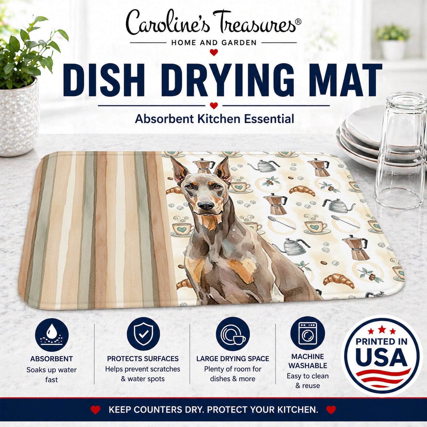 Fawn Doberman Pinscher Coffee Bar Dish Drying Mat Absorbent Dish Drying Mat Pad for Kitchen Counter Dish Drainer Mat for Countertop, 14 x 21", Multicolor