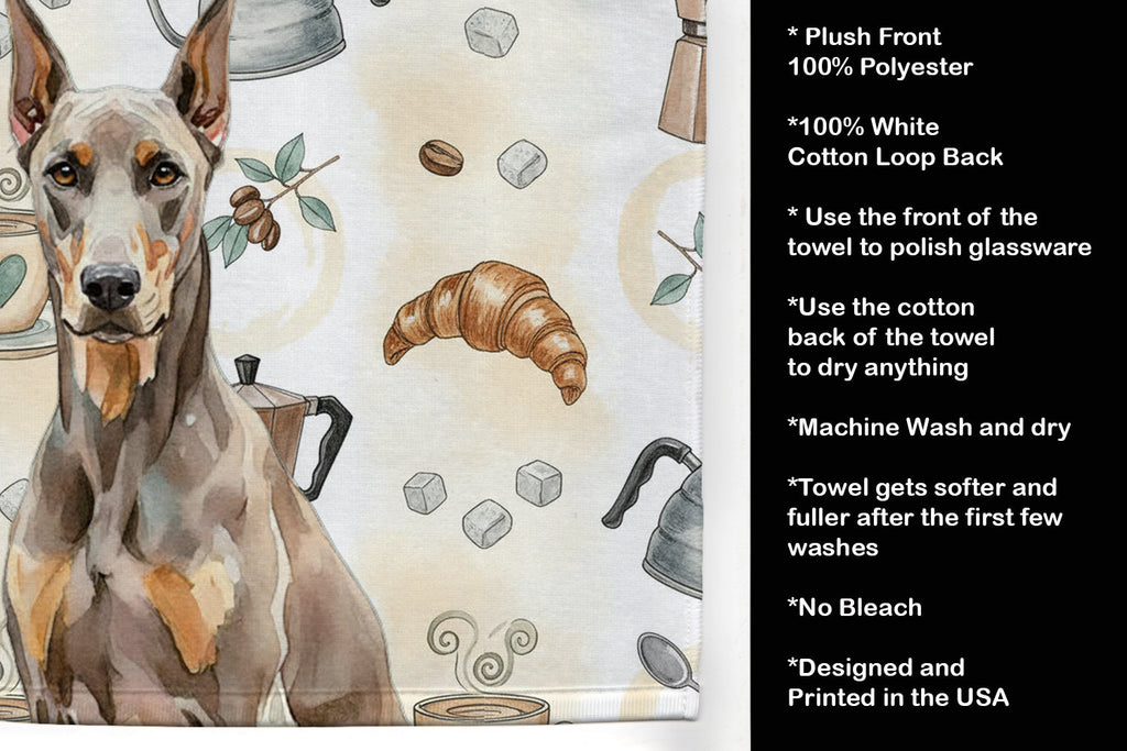 Fawn Doberman Pinscher Coffee Bar Kitchen Towel Velour Plush Front and Cotton Loop Back Machine Washable