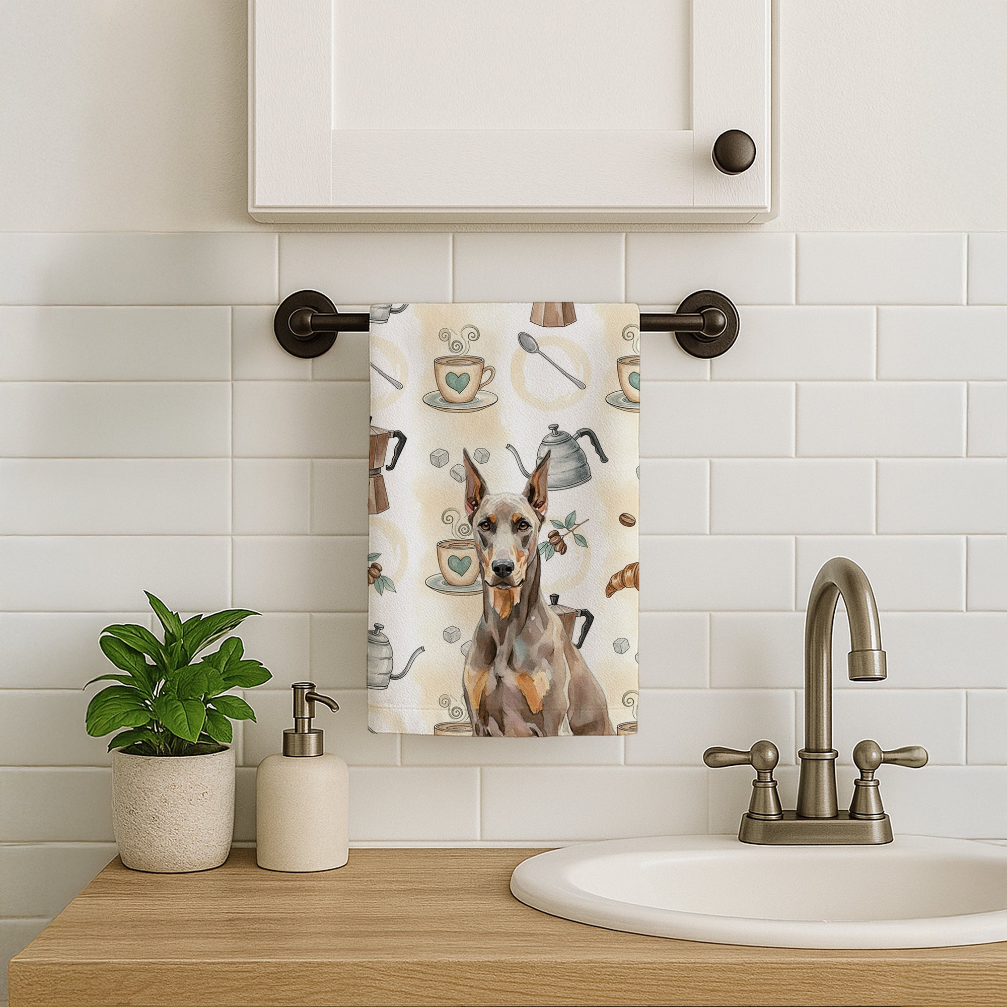 Fawn Doberman Pinscher Coffee Bar Kitchen Towel Velour Plush Front and Cotton Loop Back Machine Washable