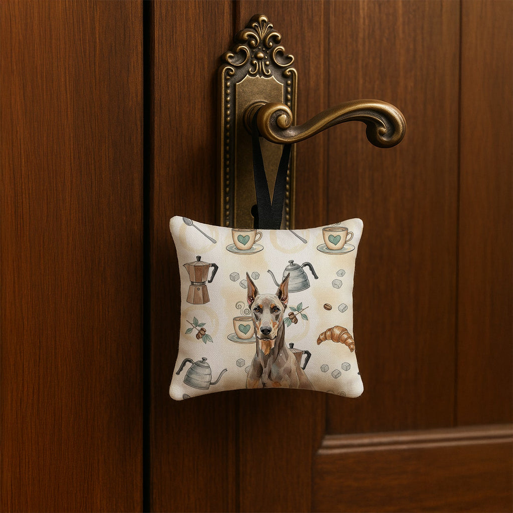 Fawn Doberman Pinscher Coffee Bar Hanging Square Fabric Ornament 3.5 � 3.5 Decorative Door-Knob & Tree Hanger, Soft Fabric