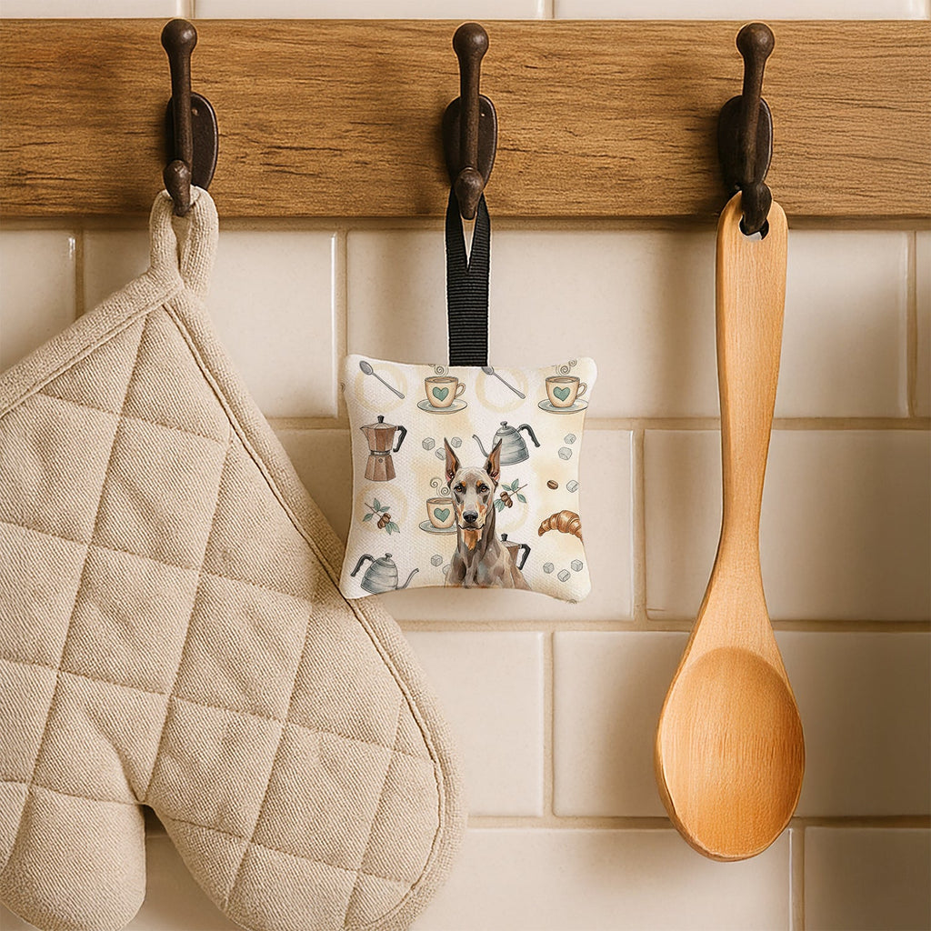 Fawn Doberman Pinscher Coffee Bar Hanging Square Fabric Ornament 3.5 � 3.5 Decorative Door-Knob & Tree Hanger, Soft Fabric