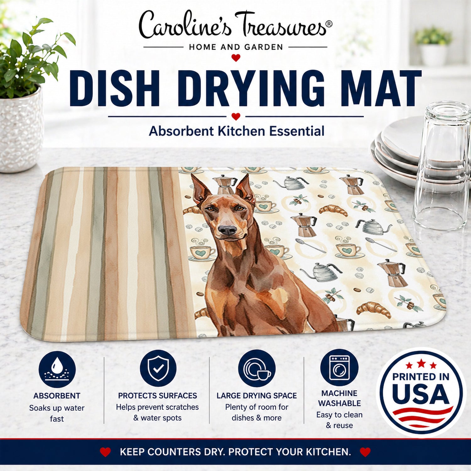 Red Doberman Pinscher Coffee Bar Dish Drying Mat Absorbent Dish Drying Mat Pad for Kitchen Counter Dish Drainer Mat for Countertop, 14 x 21", Multicolor