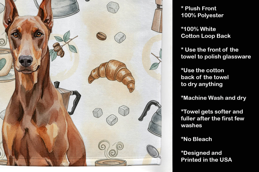 Red Doberman Pinscher Coffee Bar Kitchen Towel Velour Plush Front and Cotton Loop Back Machine Washable
