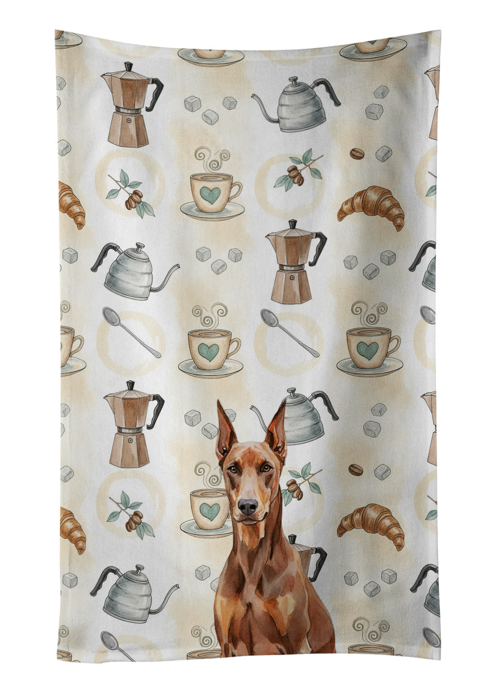 Red Doberman Pinscher Coffee Bar Kitchen Towel Velour Plush Front and Cotton Loop Back Machine Washable