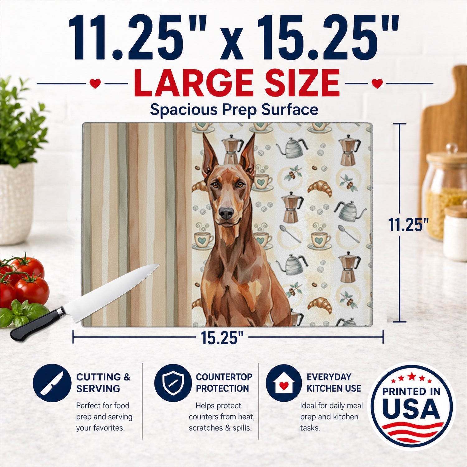 Red Doberman Pinscher Coffee Bar Cutting Board Tempered Glass Kitchen Cutting Surface, Heat Resistant Chopping, Non-Slip Feet, Food Prep & Serving