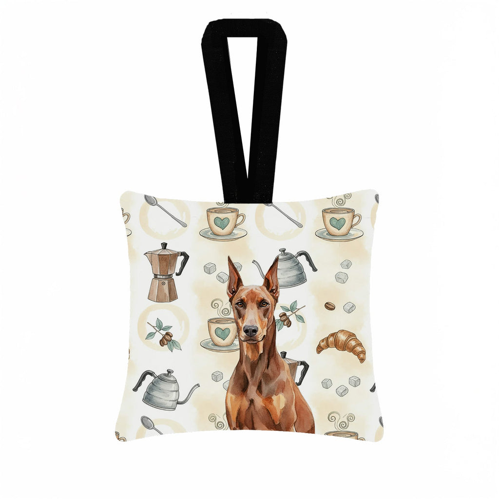 Red Doberman Pinscher Coffee Bar Hanging Square Fabric Ornament 3.5 � 3.5 Decorative Door-Knob & Tree Hanger, Soft Fabric