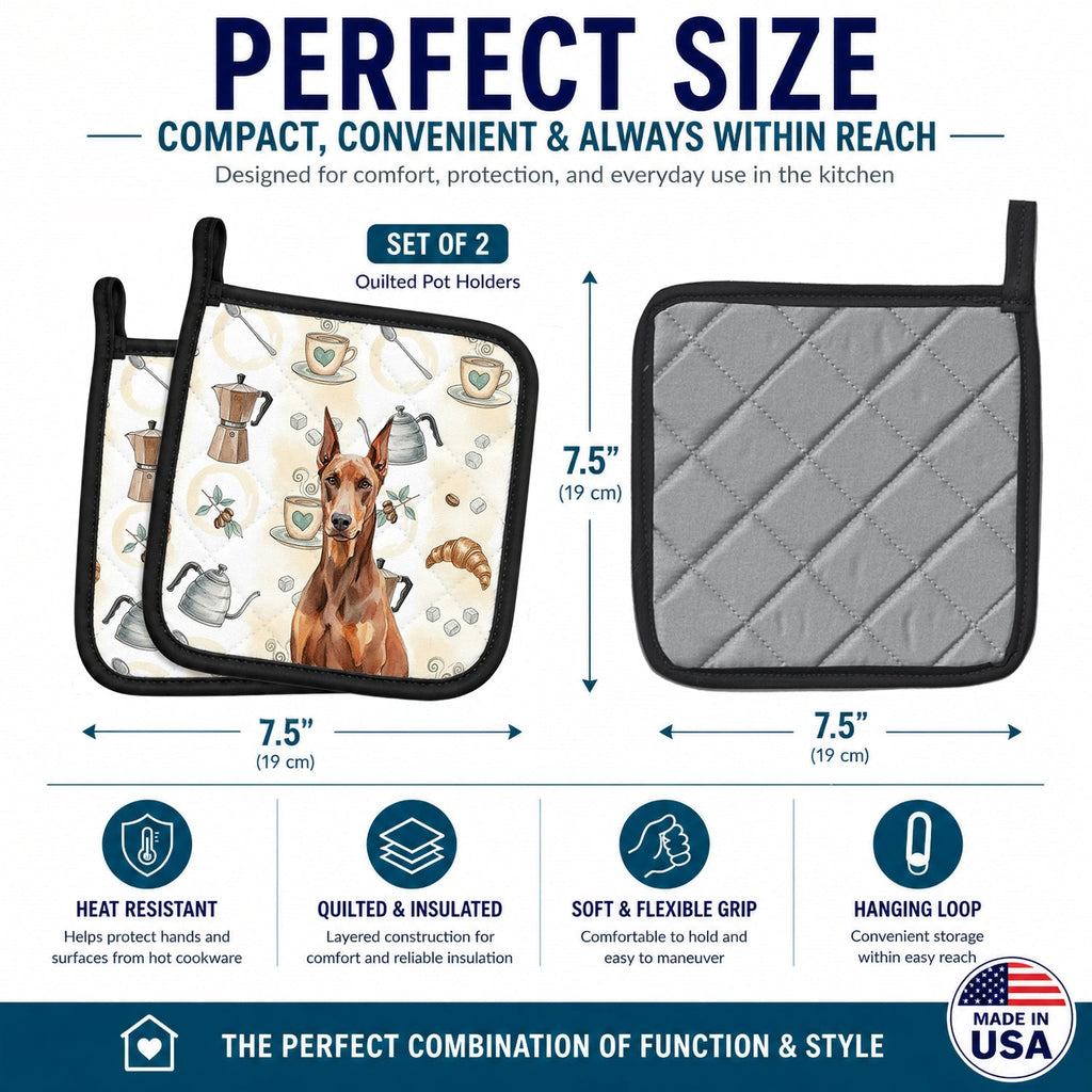 Red Doberman Pinscher Coffee Bar Pot Holder Set of 2 Heat Resistant Quilted Hot Pads 7.5 x 7.5 Inch, Insulated Kitchen Trivets for Cooking & Baking