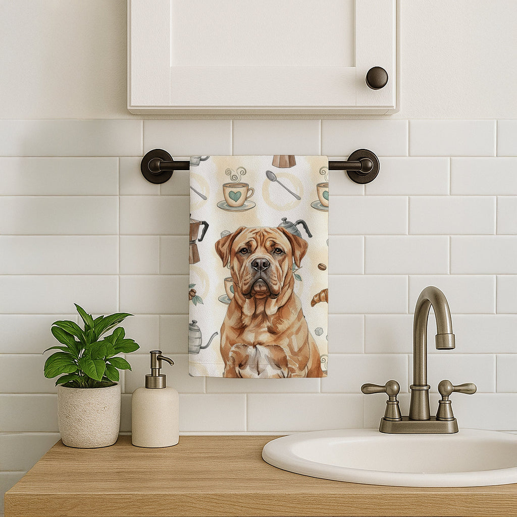 Dogue de Bordeaux Coffee Bar Kitchen Towel Velour Plush Front and Cotton Loop Back Machine Washable
