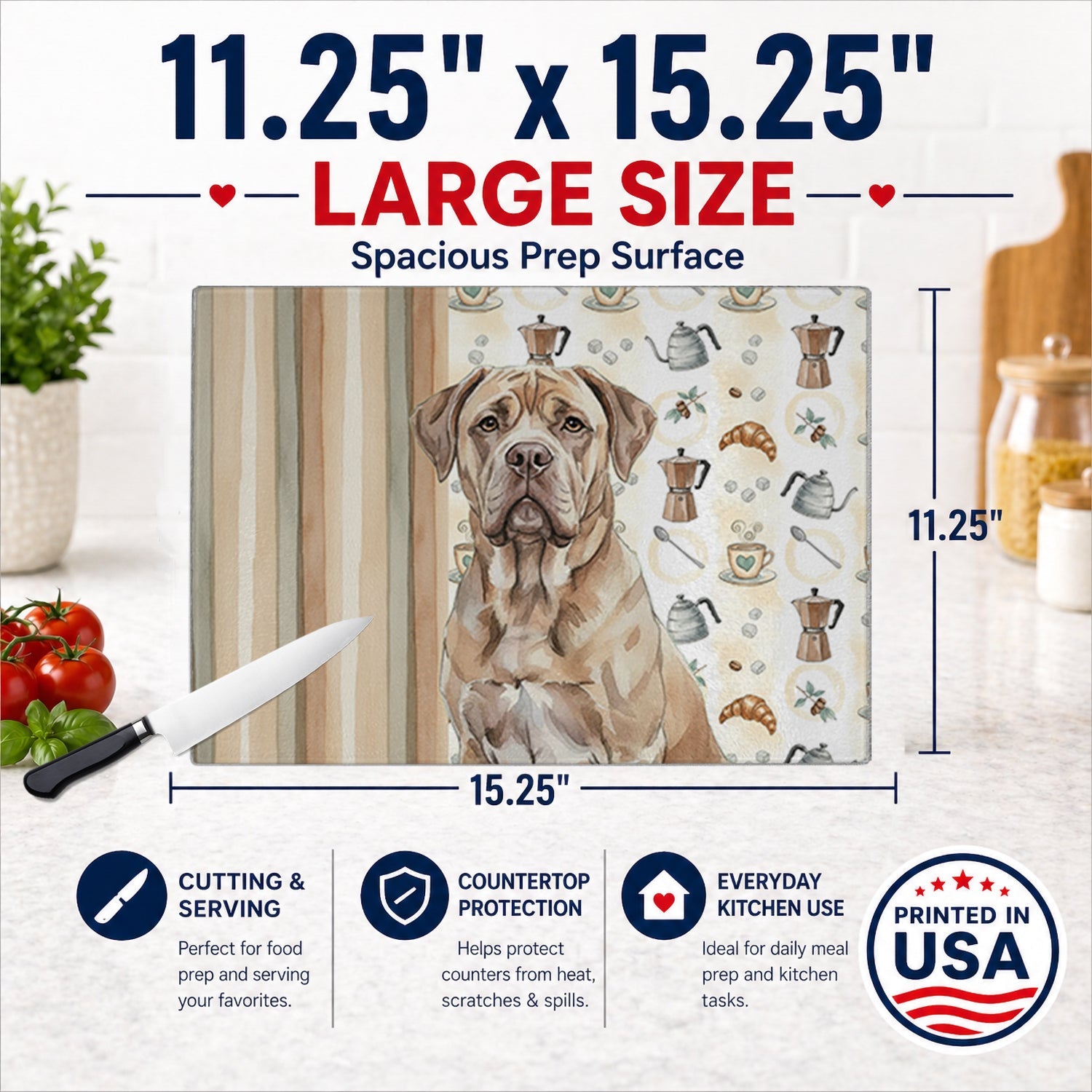 Isabella Dogue de Bordeaux Coffee Bar Cutting Board Tempered Glass Kitchen Cutting Surface, Heat Resistant Chopping, Non-Slip Feet, Food Prep & Serving