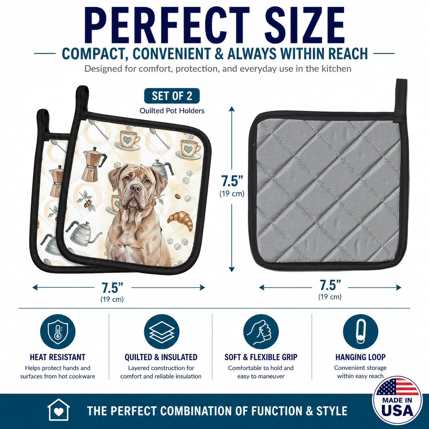 Isabella Dogue de Bordeaux Coffee Bar Pot Holder Set of 2 Heat Resistant Quilted Hot Pads 7.5 x 7.5 Inch, Insulated Kitchen Trivets for Cooking & Baking